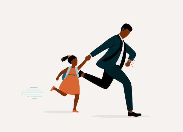 黑人父亲送女儿上学迟到。图片下载