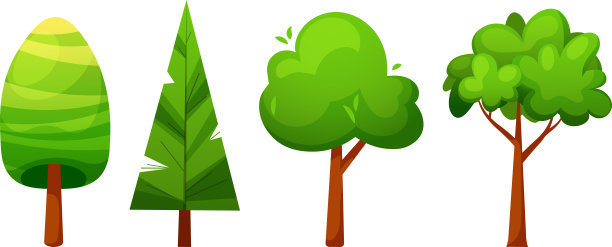 可爱的绿色树设置在卡通风格的孩子图片下载