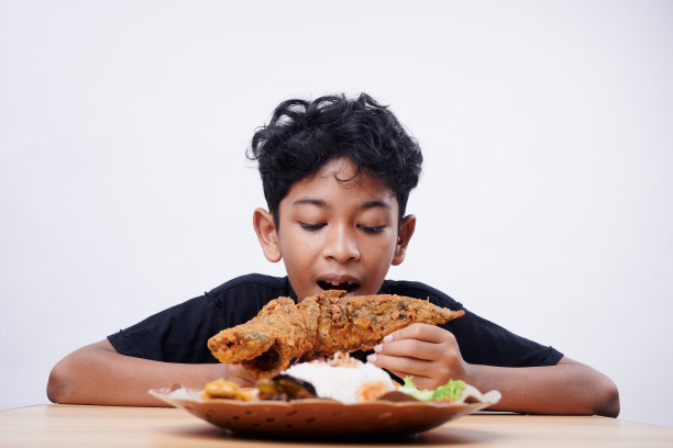 男孩喜欢在午餐时间吃炸鱼和米饭图片下载