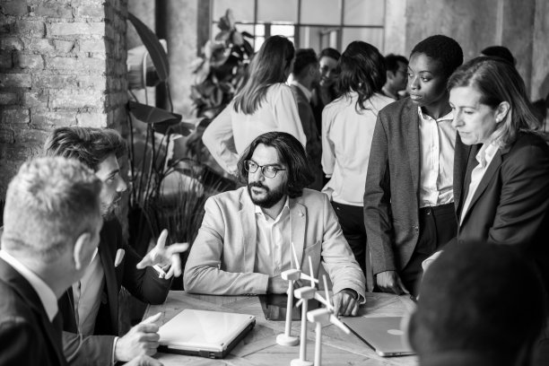 开会讨论可再生能源的一群商务人士（黑白照片）图片下载