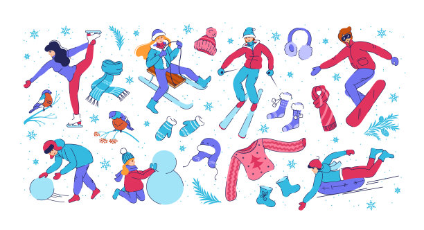 冬天人们的衣服。冰雪圣诞活动。舒适的服装。涂鸦假期家庭休闲。温暖的帽子和围巾。儿童毛衣和手套。寒冷的天气。矢量插图集图片下载