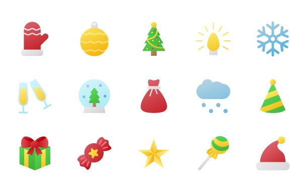 圣诞装饰象征，冬日元素。雪花和树玩具，糖果贴纸，节日饮料，新年雪假期渐变图标。礼品盒和圣诞老人礼物，矢量隔离套图片下载