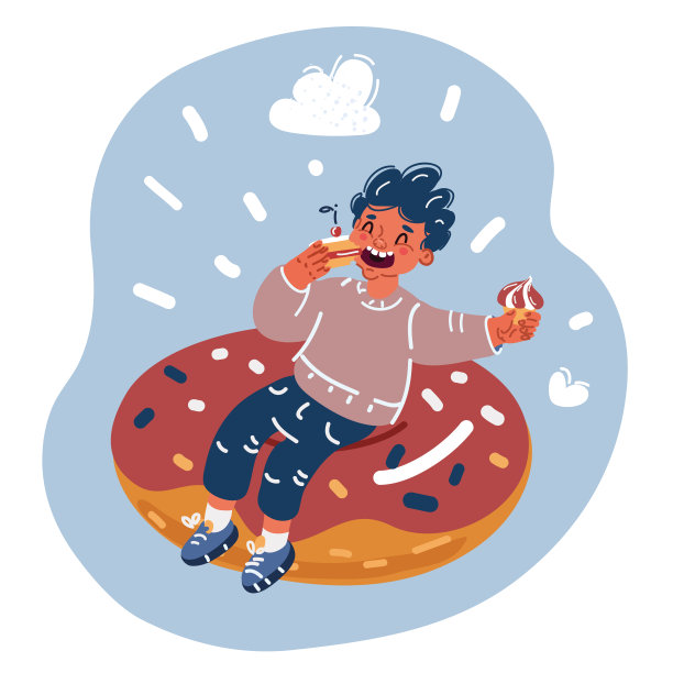 饥饿的非裔美国少年拿着五颜六色的甜甜圈，吃着充满糖的垃圾不健康食品，孤立在黄色的演播室背景，复制空间。儿童肥胖和超重的概念图片下载