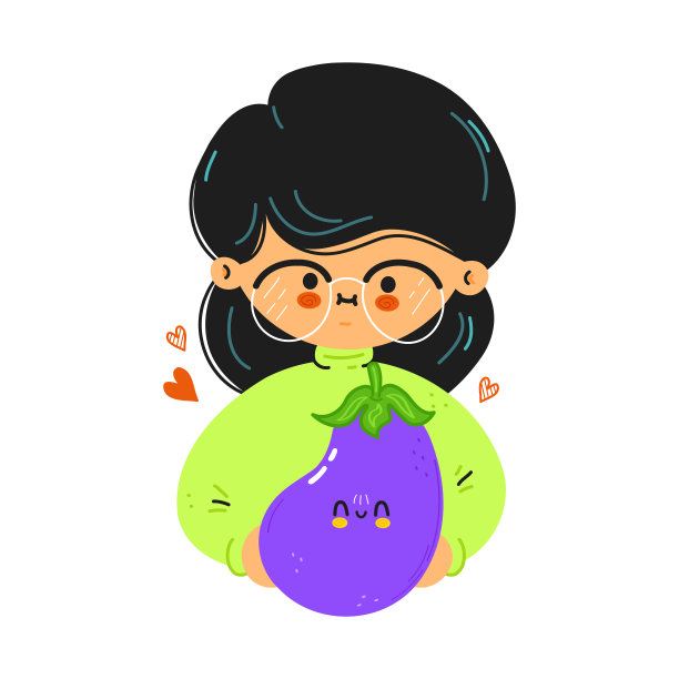 年轻可爱有趣的女人手里拿着茄子。女孩拥抱可爱的茄子。矢量手绘涂鸦风格的卡通人物插图图标设计。白色背景隔离图片下载
