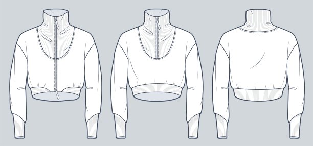 一套运动衫技术时尚插图。裁剪运动衫时尚平面技术图纸模板，卷领口，超大，拉链，罗纹，前后视图，白色，女性，男性，男女通用的CAD模型。图片下载