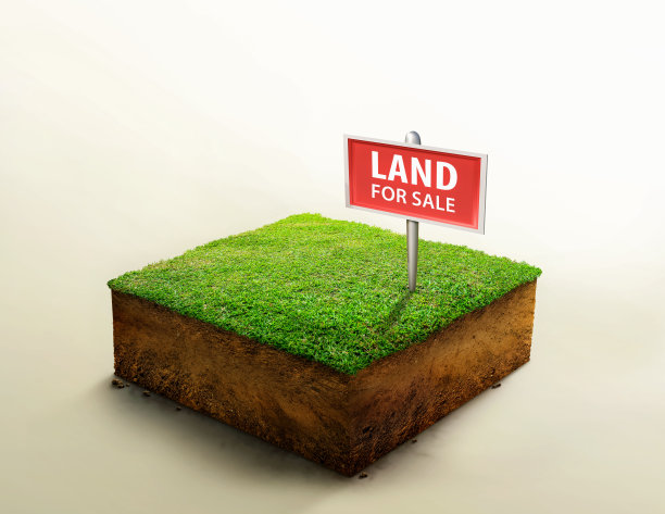 待售土地标志上以草地和地质剖面上的土壤、地面生态为隔离色。房地产投资理念。图片下载