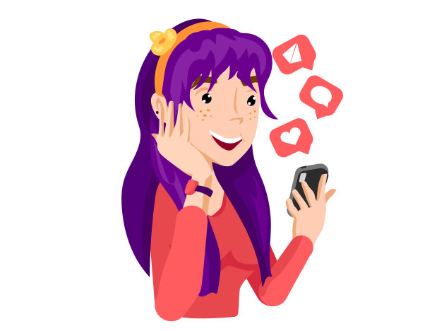 一个年轻的社交媒体女孩矢量插图。一个年轻女孩的插图与智能手机和社交媒体图标。图片下载