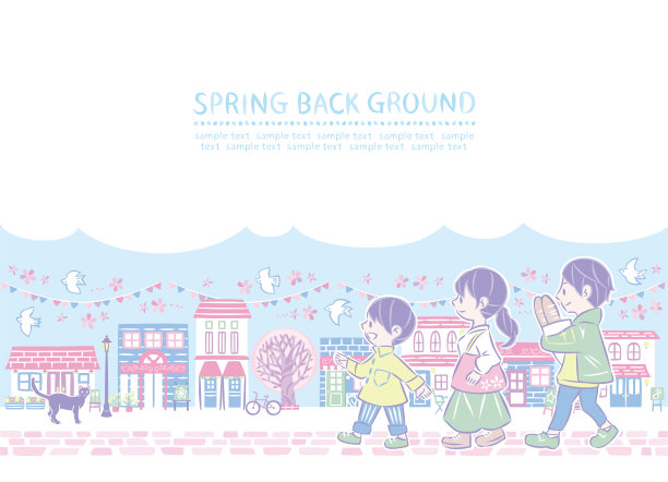 在樱花盛开的春天，父母和孩子们正在享受购物的乐趣图片下载