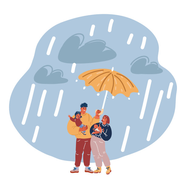 幸福的家庭由一把伞保护着。他们微笑着，很安全图片下载