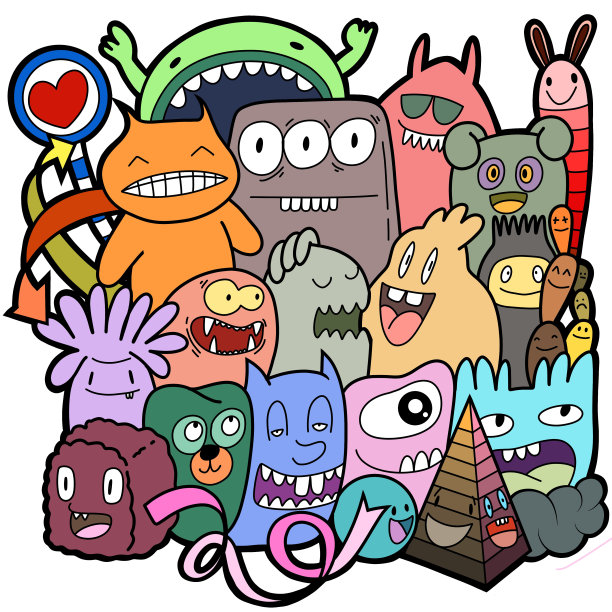 手绘插画，怪兽涂鸦，手绘卡通怪兽插画，卡通人群涂鸦手绘涂鸦风格。图片下载