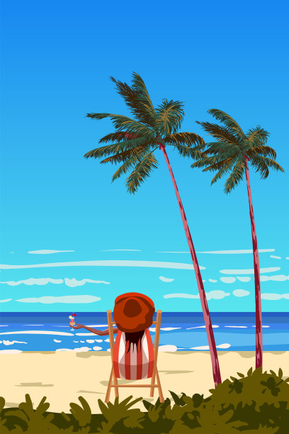 女人在躺椅和鸡尾酒杯在海滩上，海岸热带度假村，棕榈树，海洋，帆船图片下载