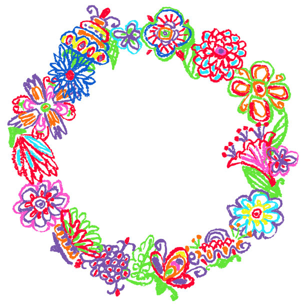 热带疯狂奇妙的花朵圆形横幅或框架文本。蜡笔像孩子的手画彩色明亮的花卉背景。图片下载