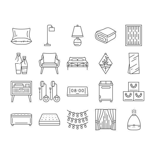 卧室房间室内床的图标设置矢量图片下载