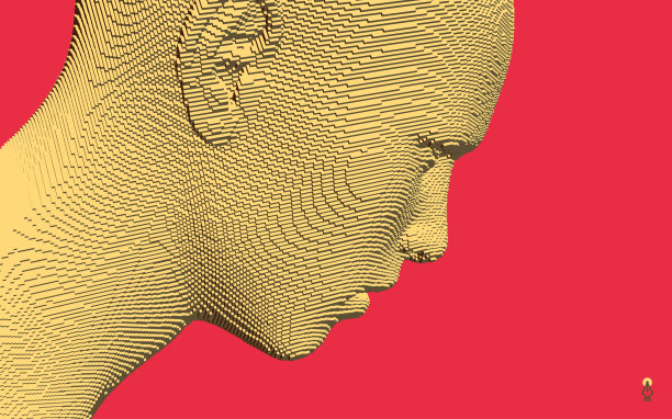 由立方体构造的抽象数字人头。极简设计的商业演示文稿，传单或海报。技术和机器人概念。体素的艺术。三维矢量插图。图片下载