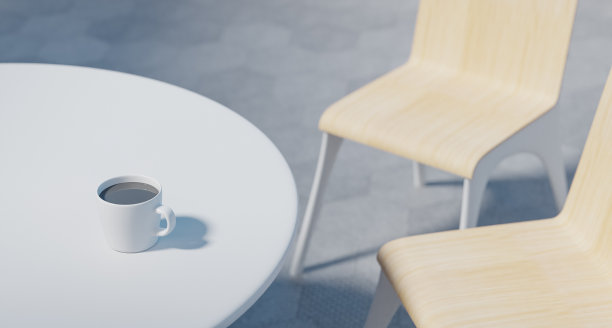 户外餐厅的3d渲染模型-一张桌子和一杯咖啡在光影中。当代休息区，建筑，休息室露台或咖啡馆渲染的数字插图图片下载