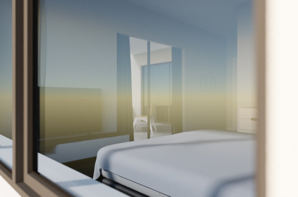 带有阳台或露台的现代主卧室，3d渲染。数字插图的当代房间与滑动窗口到休息区，房地产一般的形象图片下载