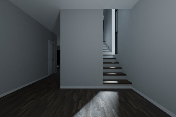 家中入口大厅3d渲染，没有家具，夜晚月光。数字插图的一般住宅室内空间，房地产形象图片下载