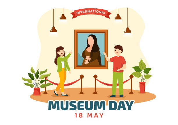 5月18日国际博物馆日插图与建筑画廊或艺术作品在平面卡通手绘的网页横幅或登陆页模板图片下载