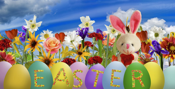 复活节贺卡上有复活节彩蛋，一只兔子和美丽的花朵作为背景图片下载