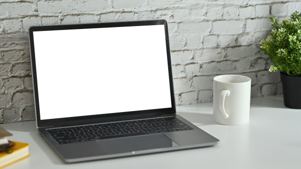 有创意的工作场所，笔记本电脑，咖啡杯，盆栽和书在白桌子上靠砖墙。图片下载