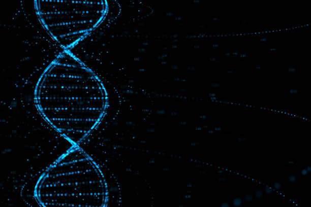 抽象数字发光的蓝色线框DNA分子在黑暗的背景与地方为您的标志或广告海报，遗传生物技术的概念。3D渲染，模拟图片下载