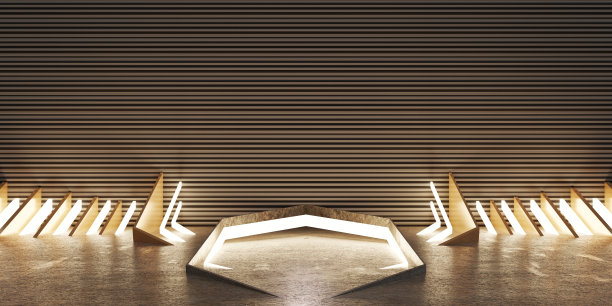 科幻背景现代展厅霓虹灯和激光技术场景辐射反射三维插图图片下载