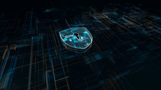 深蓝色粒子云标志网络安全概念和认证防火墙系统访问信息与网格线数字未来技术抽象背景图片下载