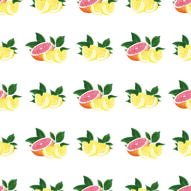 手绘水彩画柚子和柠檬片与绿叶无缝模式的白色背景。剪贴簿，明信片，纺织品，织物。图片下载