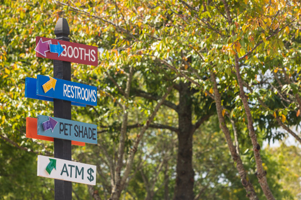 在秋季节日里，手绘的木制标志为人们指明方向图片下载