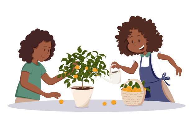 可爱的非裔美国妇女和她的女儿一起给橘子树浇水。盆栽植物，橙子篮子。家居装饰，收获，园艺概念。孤立矢量图图片下载