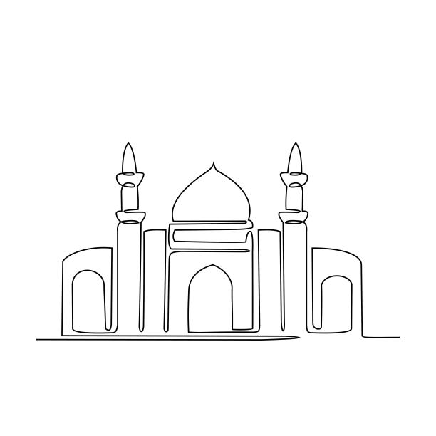 一幅连续的清真寺线条图。设计:穆斯林祈祷场所，简洁的线性风格。斋月kareem设计概念图片下载