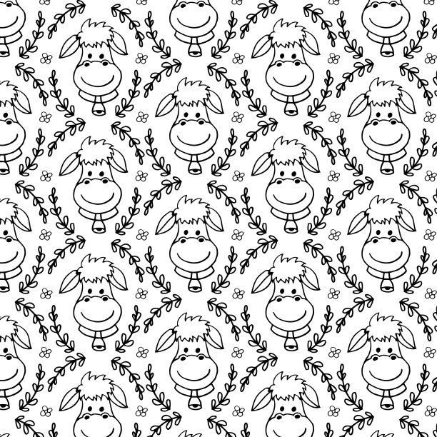可爱的奶牛黑白无缝图案。背景着色书的卡通风格与农场动物的角色。矢量图图片下载
