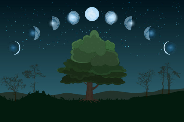 月球阶段。从新月到满月的整个周期。卡通月相。月亮周期变化。图片下载