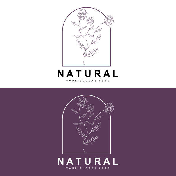 简单的植物叶子和花标志，矢量自然线条风格，装饰设计，横幅，传单，婚礼邀请，和产品品牌图片下载