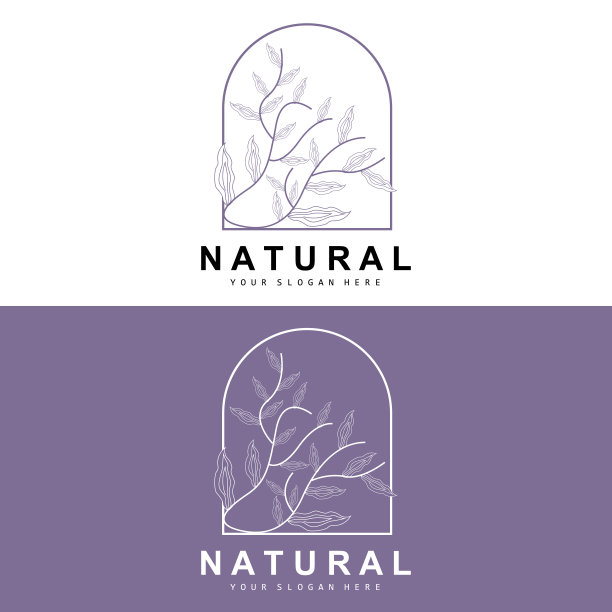 简单的植物叶子和花标志，矢量自然线条风格，装饰设计，横幅，传单，婚礼邀请，和产品品牌图片下载