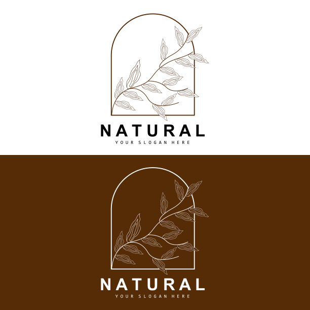 简单的植物叶子和花标志，矢量自然线条风格，装饰设计，横幅，传单，婚礼邀请，和产品品牌图片下载