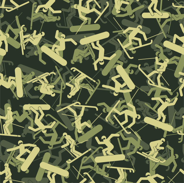 单板滑雪者和滑雪者的军事模式无缝衔接。军队滑雪背景。滑雪士兵纹理。矢量饰品图片下载