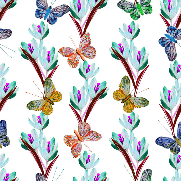 番红花与蝴蝶昆虫无缝的图案。图片下载