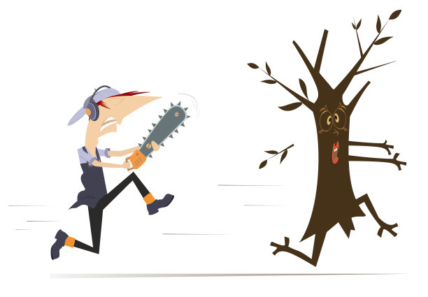 卡通工人与电锯，树图片下载