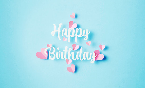 蓝色背景上粉红色心形环绕的生日快乐信息图片下载