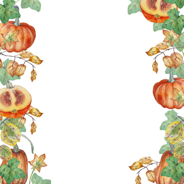 南瓜。方形组成的橙色和条纹南瓜，叶子，白色背景上的花朵。所有的元素都是手绘水彩。适合在织物、请柬、明信片上印刷图片下载