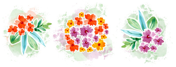 一组花束，白色背景水彩插图。图片下载