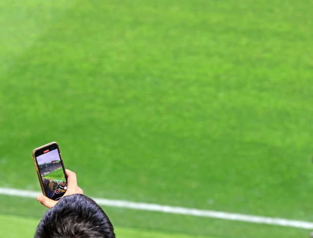 一名球迷在看台上用手机记录足球比赛。有选择性的重点。图片下载