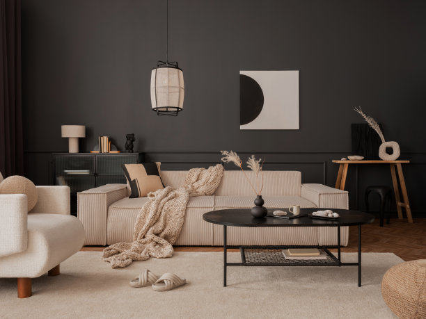 客厅室内的美学构图与模拟海报框架，模块化沙发，黑色咖啡桌，白色扶手椅，地毯，蒲团，深色墙壁和个人配件。家居装饰。模板。图片下载