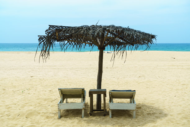 阳光躺椅和稻草伞在海滩后视图图片下载