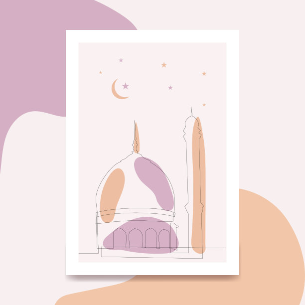 连续线条艺术绘画与斋月Kareem海报设计模板图片下载