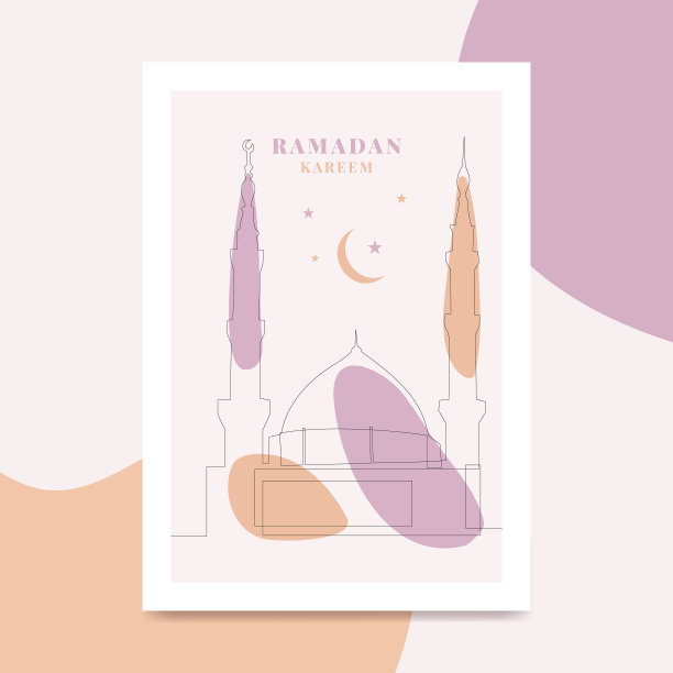 连续线条艺术绘画与斋月Kareem海报设计模板图片下载