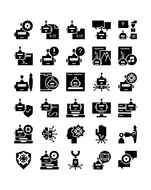 人工智能机器人剪影黑色固体字形网图标集图片下载