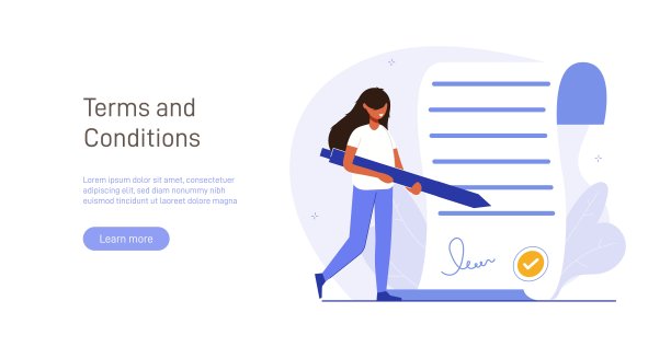 合同说明。人物在网上熟悉法律文件、电子合同或协议。当事人阅读并签署了合同条款。平面矢量图。图片下载