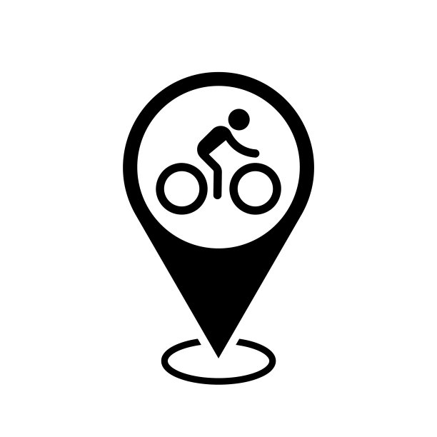 自行车停车位置地图指针，骑自行车的图标位置别针，黑色符号，矢量标记图片下载